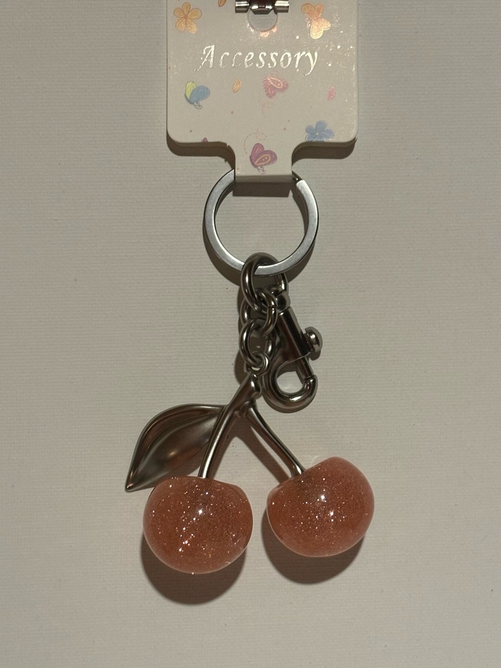 Pink Sparkling Cherries w/Silver Leaf Bag Charm - nwot